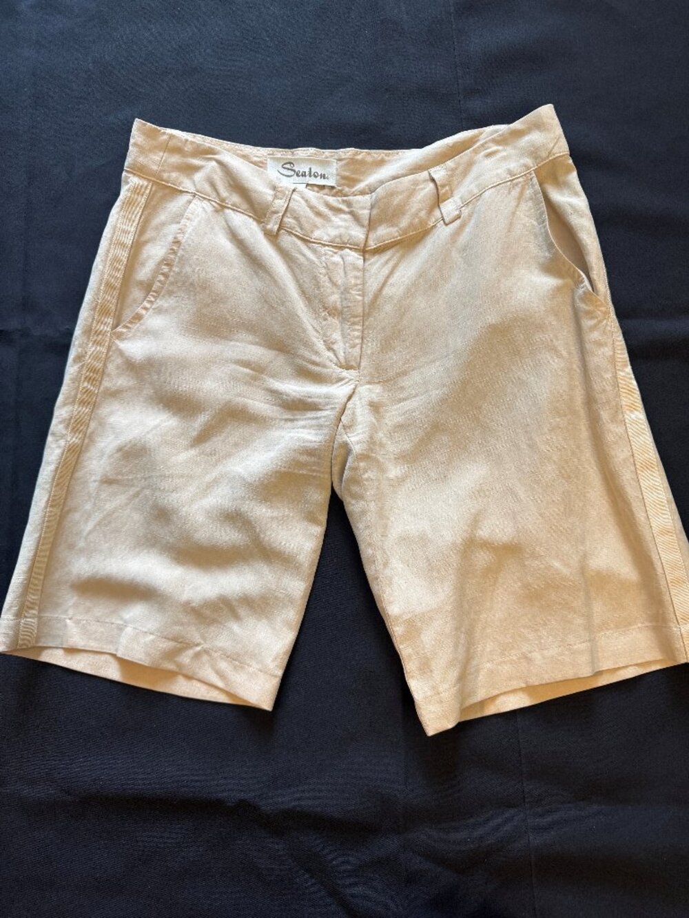 Seaton Beige Silk and Linen ribbon embellished Bermuda short